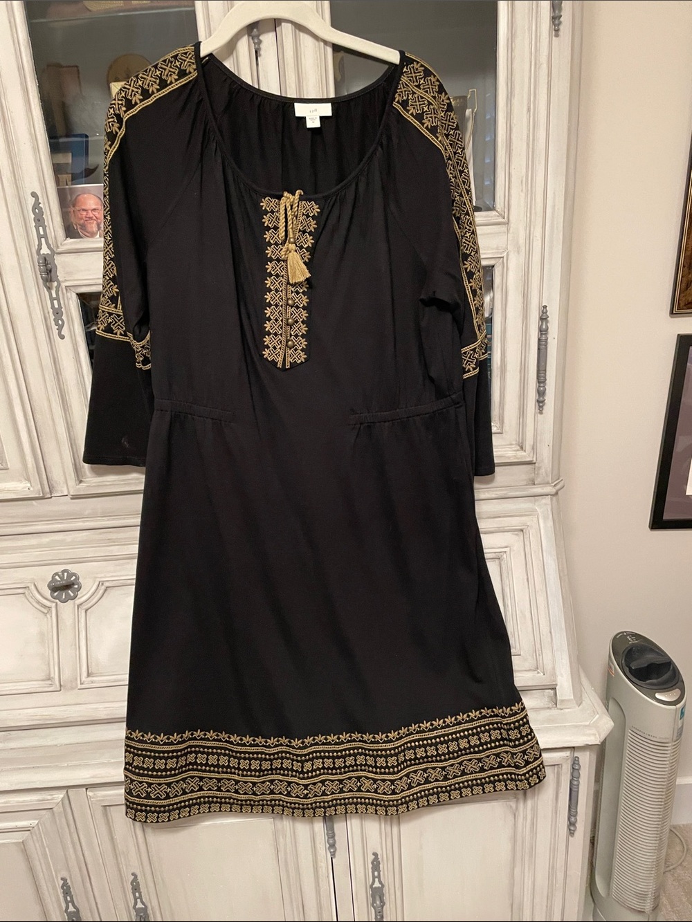 J. Jill Black Midi Dress with Gold Embroidered Trim
